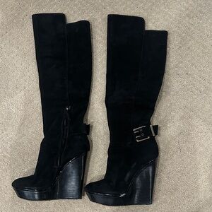 Brian Atwood Black Over the Knee Wedge Boots